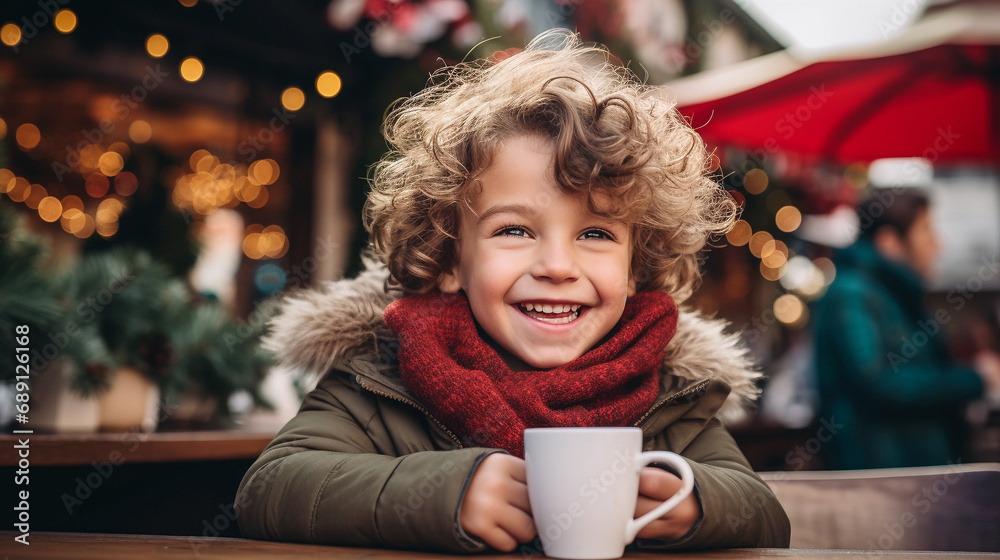 Smiling little boy drinking hot chocolate from a white cup or tea at a Christmas market close-up. Happy child on vacation in winter clothes with lights in the background. Holiday concept - obrazy, fototapety, plakaty 