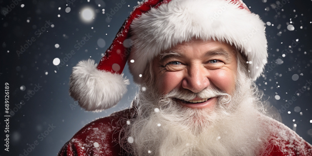Close-up portrait of a smiling, kind elderly bearded man wearing a red Santa Claus costume against an isolated blue sky background. Christmas banner. Christmas spirit, festive mood. Holidays, vacation Close-up portrait of a smiling, kind elderly bearded man wearing a red Santa Claus costume against an isolated blue sky background. Christmas banner. Christmas spirit, festive mood. Holidays, vacation