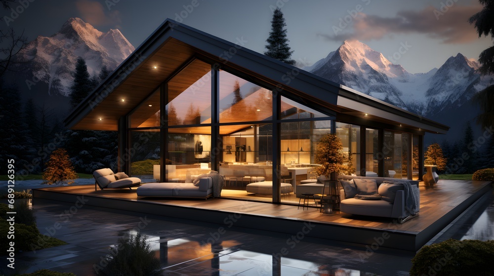 Obraz premium A small glass villa with a modern exterior harmonizing with the mountains surroundings