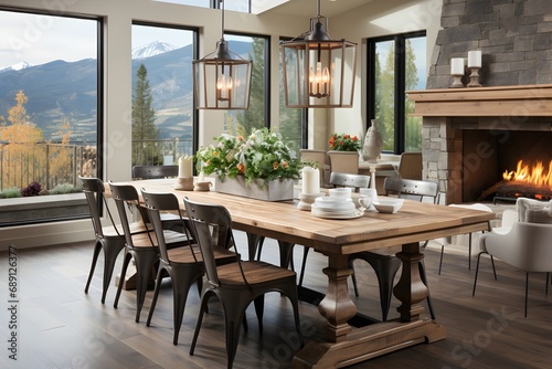 Well-lit dining room with fireplace and big windows