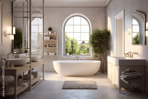 The modern bathroom showcases a beautiful, trend-setting interior with freestanding bathtub © Anna Lurye