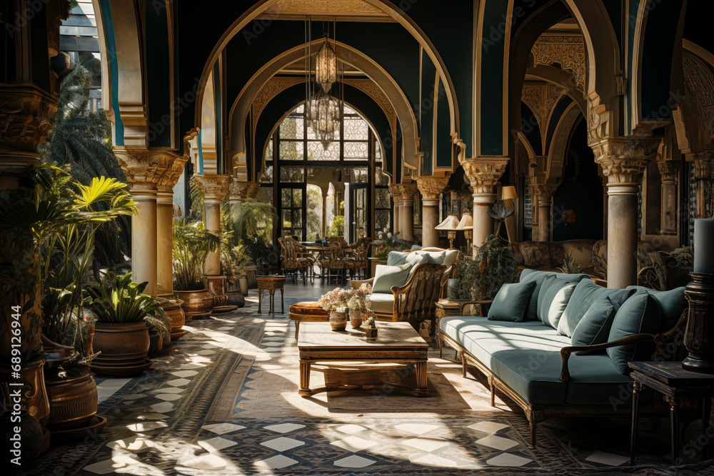 Architecture intérieur luxueux au maroc, hôtel, restaurant, riad. Luxurious interior architecture in Morocco, hotel, restaurant, riad. - obrazy, fototapety, plakaty 