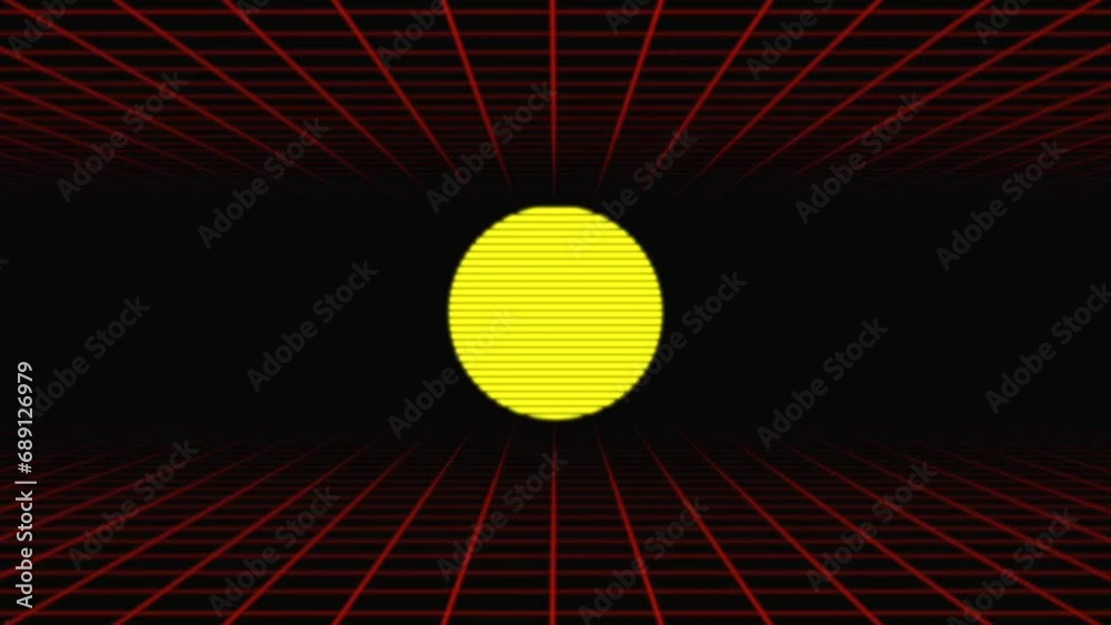 Retro themed animated video, a red line moving forward loop and a sun