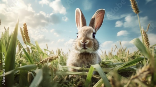 Rabbit eat grass in the middle of the green field at sunny day. AI generated