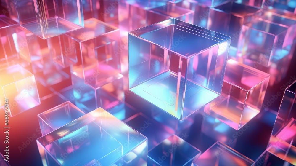 3d rendering Cubic holographic geometric shapes with glossy metallic reflection background - obrazy, fototapety, plakaty 