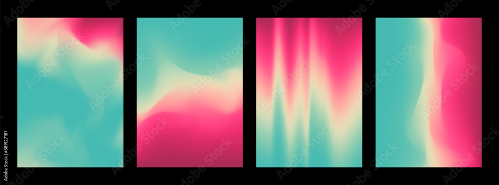 Set of Colorful Gradient Mesh Cover Designs. Abstract Vector Illustration without Transparency. Aqua Blue Green and Magenta.