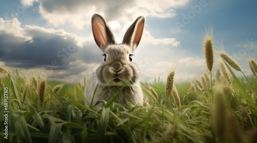 Rabbit eat grass in the middle of the green field at sunny day. AI generated © artpray