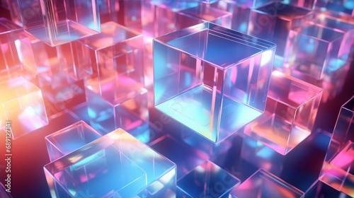 3d rendering Cubic holographic geometric shapes with glossy metallic reflection background