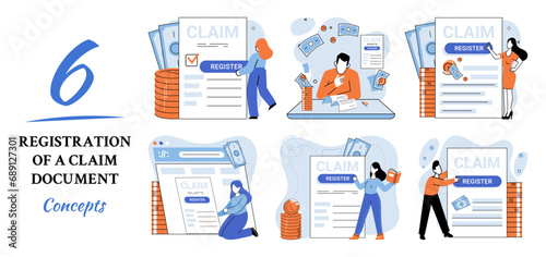Claim vector illustration. Register your claim effortlessly, turning complex paperwork into straightforward process Compensate wisely by navigating claim form with clear financial statement Turn