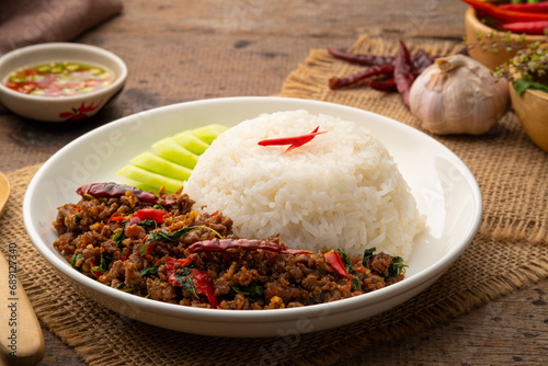 Cooked rice and Thai Basil Minced beef,Stir fired ground beef with garlic and basil leaf in chilli sauce (Pad Kra pao)