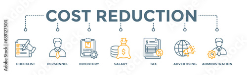 Cost reduction banner web icon glyph silhouette with icon of checklist, personnel, inventory, salary, tax, advertising and administration