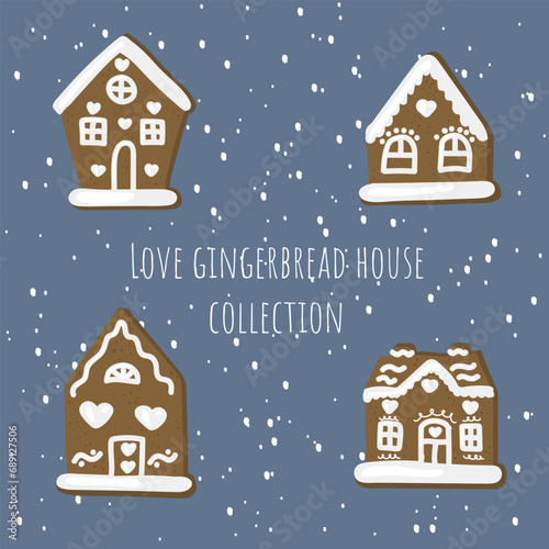 Love gingerbread house collection with snowfalls on the background. Hand drawn set of traditional holiday pastry. Winter doodles buildings with hearts