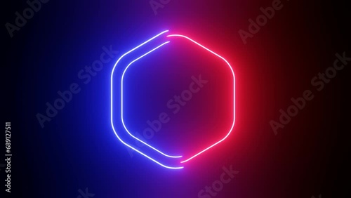  Abstract background with Dancing Blue and Red light hexagon with Light Lines Moving Fast. Futuristic hexagon neon with groovy disco wave.Seamless loop. Moving glowing neon lights disco party