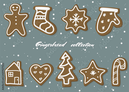 Collection with hand drawn gingerbread bakery. Christmas doodles on a blue background with snowflakes. Set of traditional holiday pastry