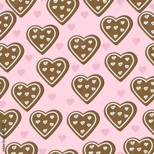 Seamless pattern with hand drawn gingerbread cookies. Background with bakery for Valentine's Day. Winter doodles for love holidays