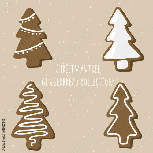 Christmas tree gingerbread collection with snowfalls on the background. Hand drawn set of traditional holiday pastry
