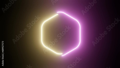  Abstract background with Dancing Yellow and Pink light hexagon with Light Lines Moving Fast. Futuristic hexagon neon with groovy disco wave.Seamless loop. Moving glowing neon lights disco party