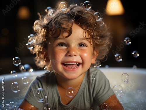 Young Boy with soap bubbles on his head smiling towards camera, sitting in bathtub surrounded by white soap bubbles and tub toys floating on water