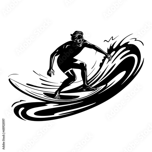 Cartoon vector illustration of Surfing man with serf over dark backround. 