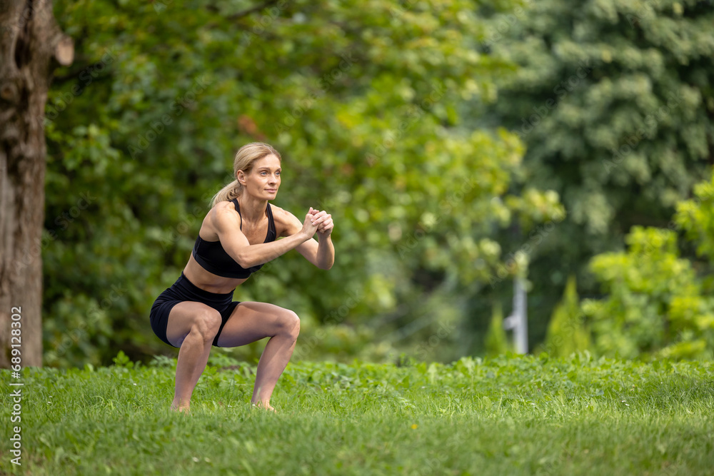 Athletic woman working out doing squats in summer park.