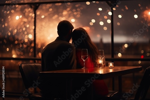 Couple dating in restaurant  New Year s Day celebration fireworks