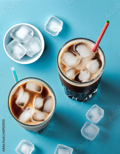 Iced coffee cups isolated on blue background, top side view, view from above, delicious iced latte coffee drink in glasses with ice cubes, straw, cold beverage,