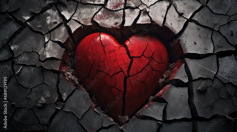 Broken red heart inside of cracked stone - obrazy, fototapety, plakaty 