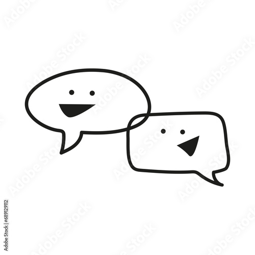 Two black and white funny talking clouds with eyes and smile. Pop art illustration. Human emotions and emoticon. Dialog box with cartoon eyes