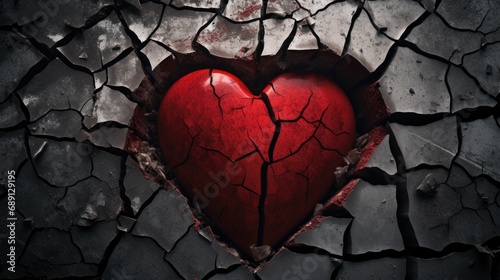 Broken red heart inside of cracked stone