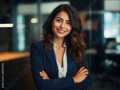 Smiling business woman posing in office, sunset, in the style of emotionally complex 