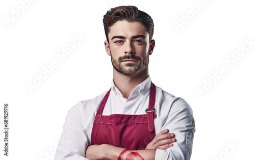 Smart Male Butcher With White Shirt And Red Crossed Arms Isolated on a Transparent Background PNG.