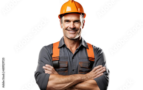 Smiling Face Male Bricklayer With Safety And Crossed Arms Isolated on a Transparent Background PNG. photo