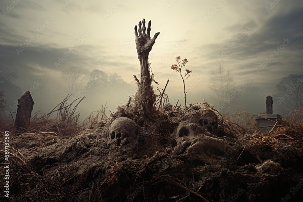 Zombie hand crawls out of the ground against the background of the old cemetery. Horrible scary zombie man. Undead crawls out of the ground. Horror. Halloween.