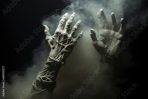 Obraz na płótnie Zombie raises his hands up. Zombie hands in smoke. Undead crawls out of the ground. Veins on the arms. Horror. Halloween. w salonie