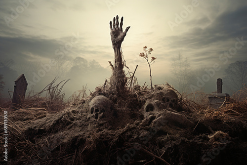 Obraz na płótnie Zombie hand crawls out of the ground against the background of the old cemetery. Horrible scary zombie man. Undead crawls out of the ground. Horror. Halloween. w salonie