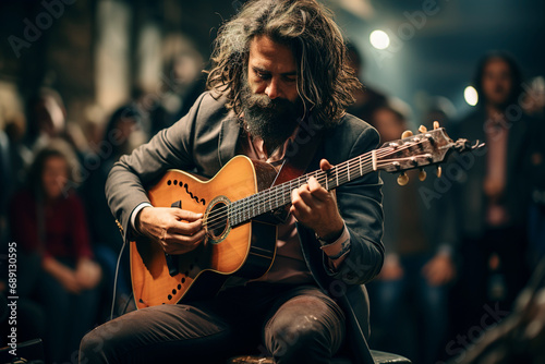A musician playing the guitar in small bar photo