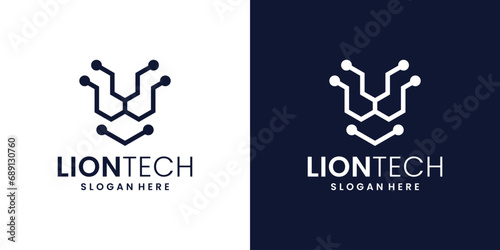 Abstract lion logo design template and technology connection logo with line style design graphic vector illustration. Symbol, icon, creative.