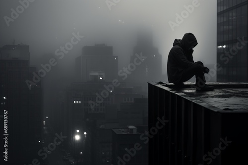Atop a tall building, a solitary figure sits in silhouette, encapsulating the essence of depression
