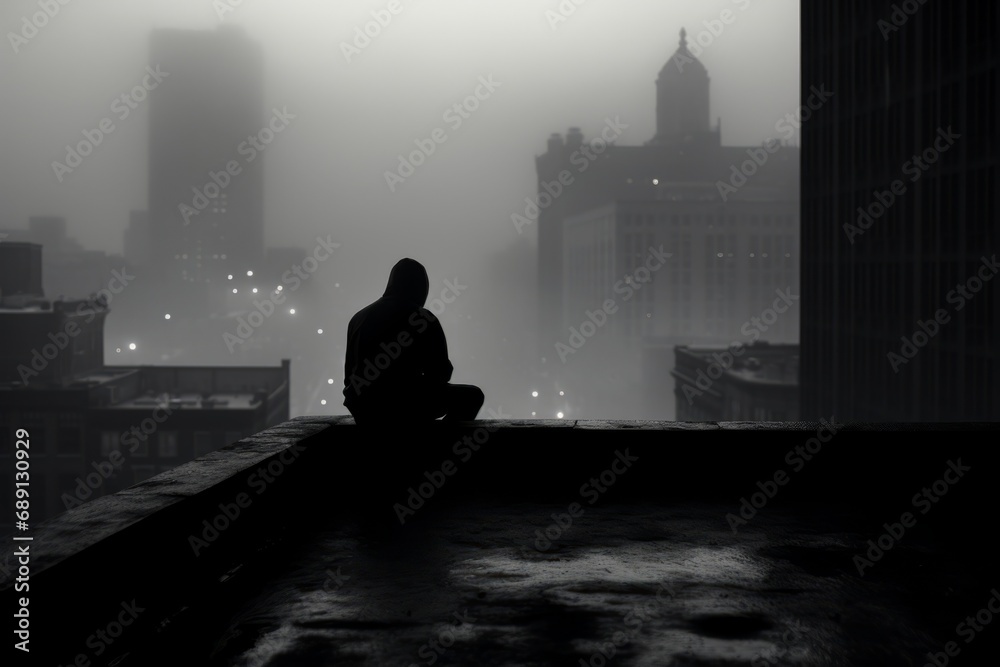 The silhouette of a man, conveying a palpable sense of depression, sits alone on the roof of a towering building - obrazy, fototapety, plakaty 