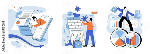 Business operations vector illustration. Development, artist painting ever-evolving canvas forward-thinking business operations Analysis, navigator charting course through vast sea intricate business