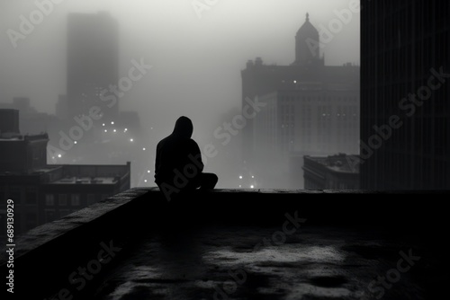 The silhouette of a man, conveying a palpable sense of depression, sits alone on the roof of a towering building