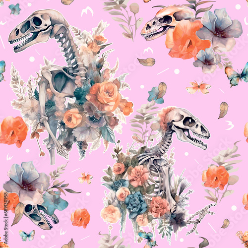 Pattern Dinosaur skeleton in flowers. Cool phrase. For printing on a T-shirt