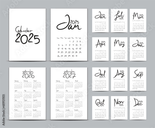 Desk calendar 2025 template set, Calendar 2026-2027, Lettering calendar, hand-drawn vector illustration, wall calendar 2025 year black and white, Set of 12 Months, Week starts Sunday, Stationery