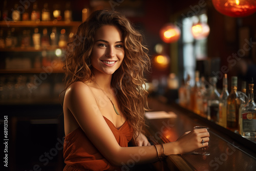 Caucasian young woman feel happy and relax drinking alcohol at night club then look at camera