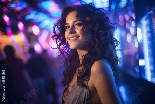 Portrait of a beautiful woman standing in night club. Close-up. Nightlife concept