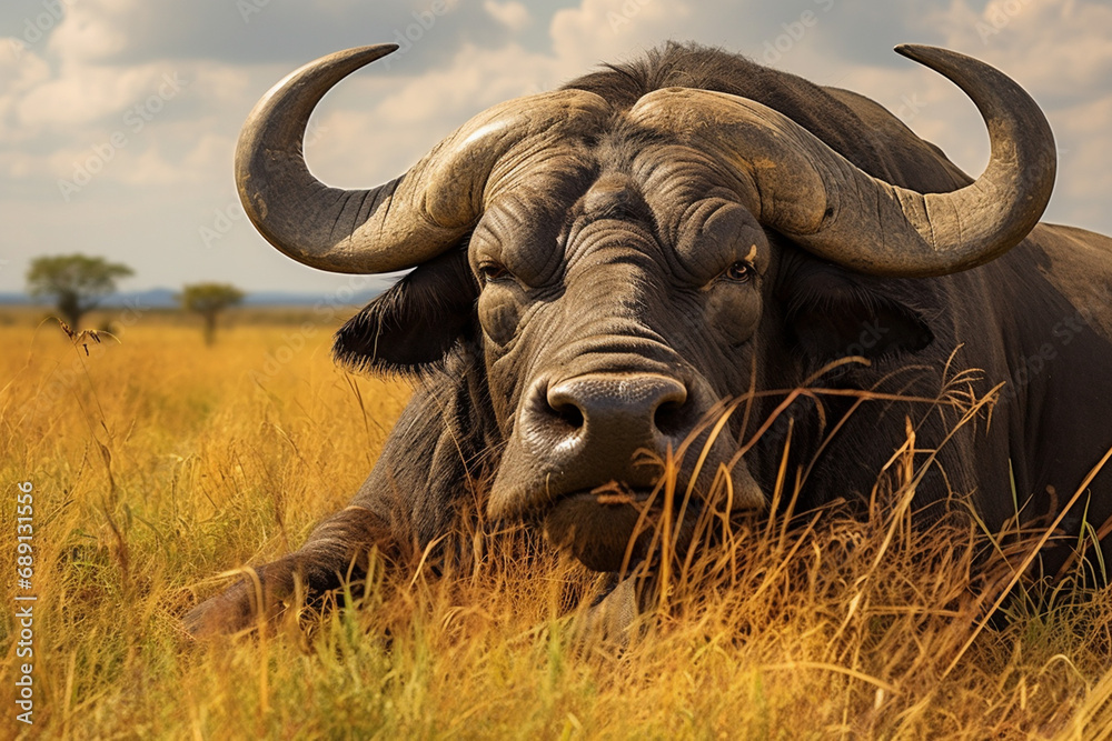 Obraz premium African buffalo in savanna, National Reserve created with Generative Ai