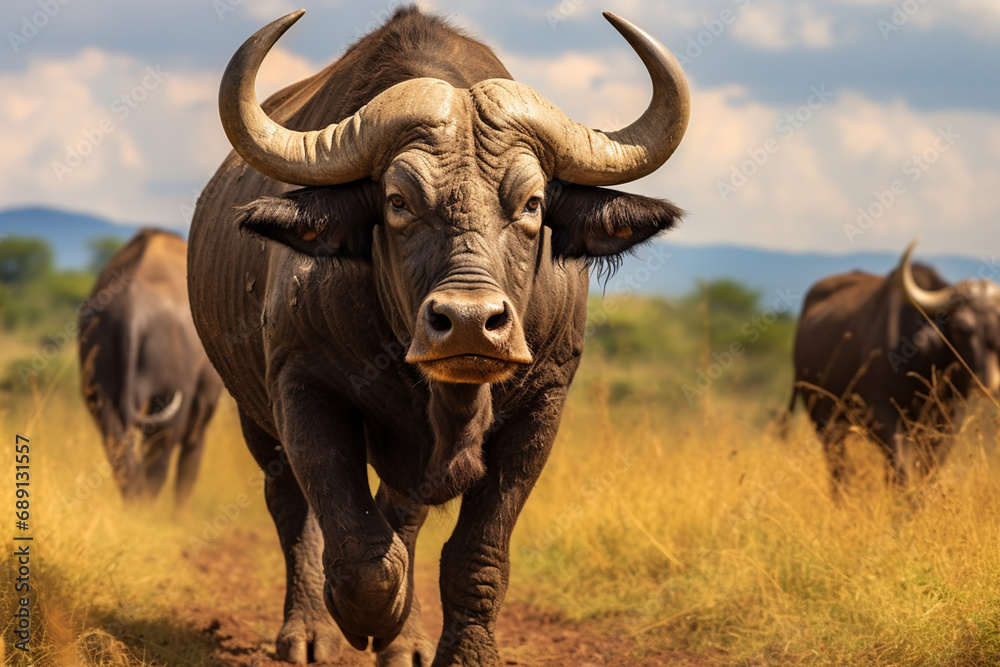 African buffalo in savanna, National Reserve created with Generative Ai African buffalo in savanna, National Reserve created with Generative Ai