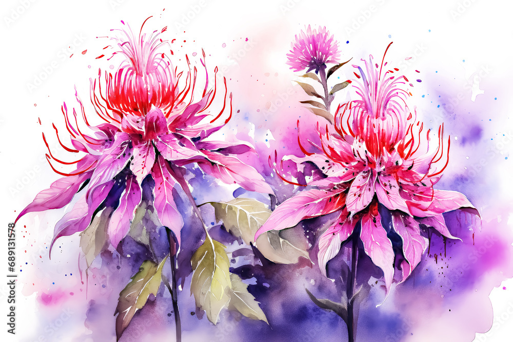 Watercolor Pink Bee Balm or Monarda Background - obrazy, fototapety, plakaty 