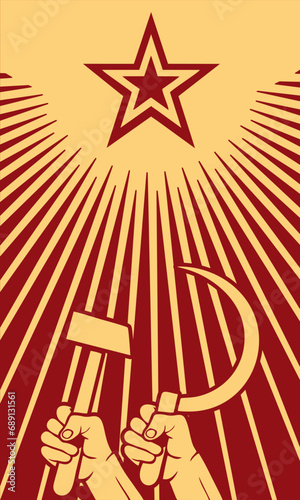 Soviet red propaganda poster of the Cold War, raised in the air fist, sickle and the star of communism. THE USSR. Vector photo