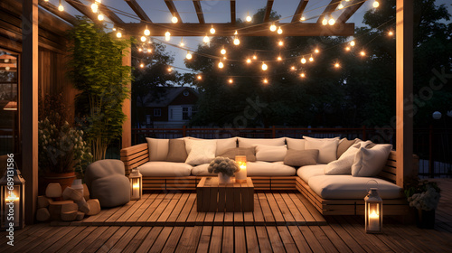 wooden terrace with a sofa, a coffee table and a lamp